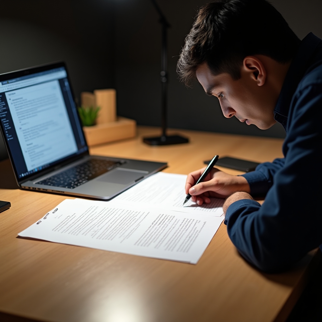 Professional reviewing employment documents at desk