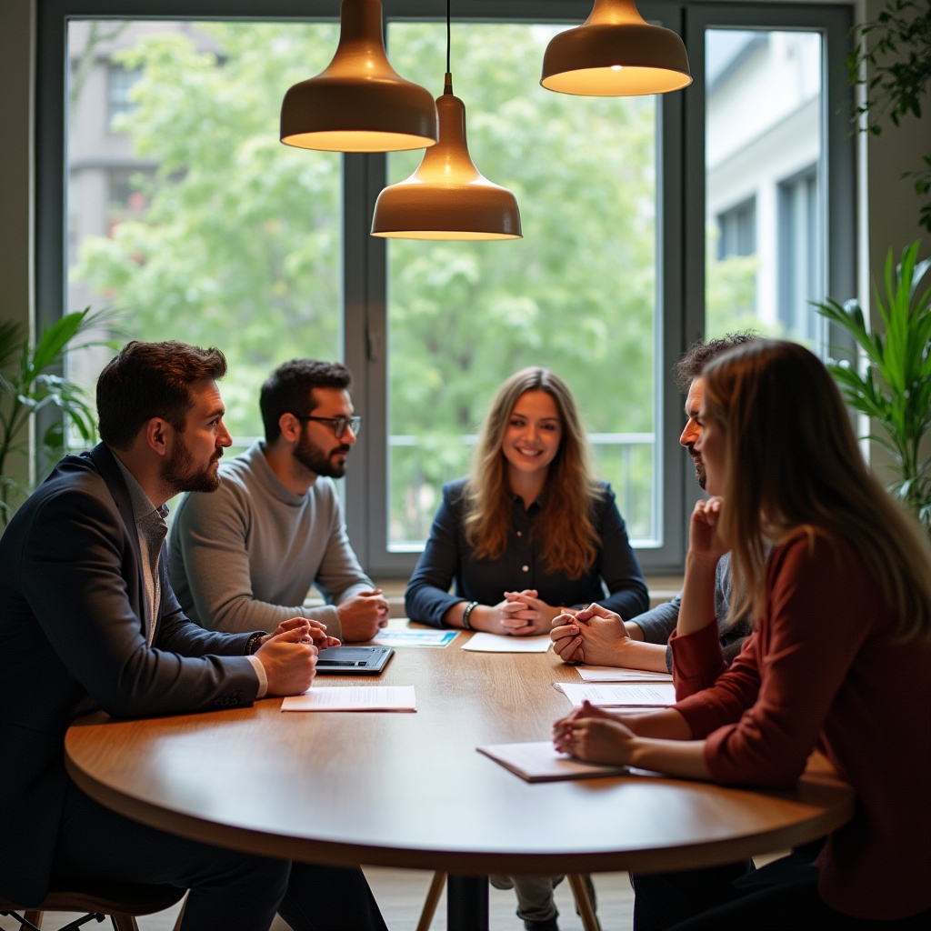 Team gathered around a table in a modern office