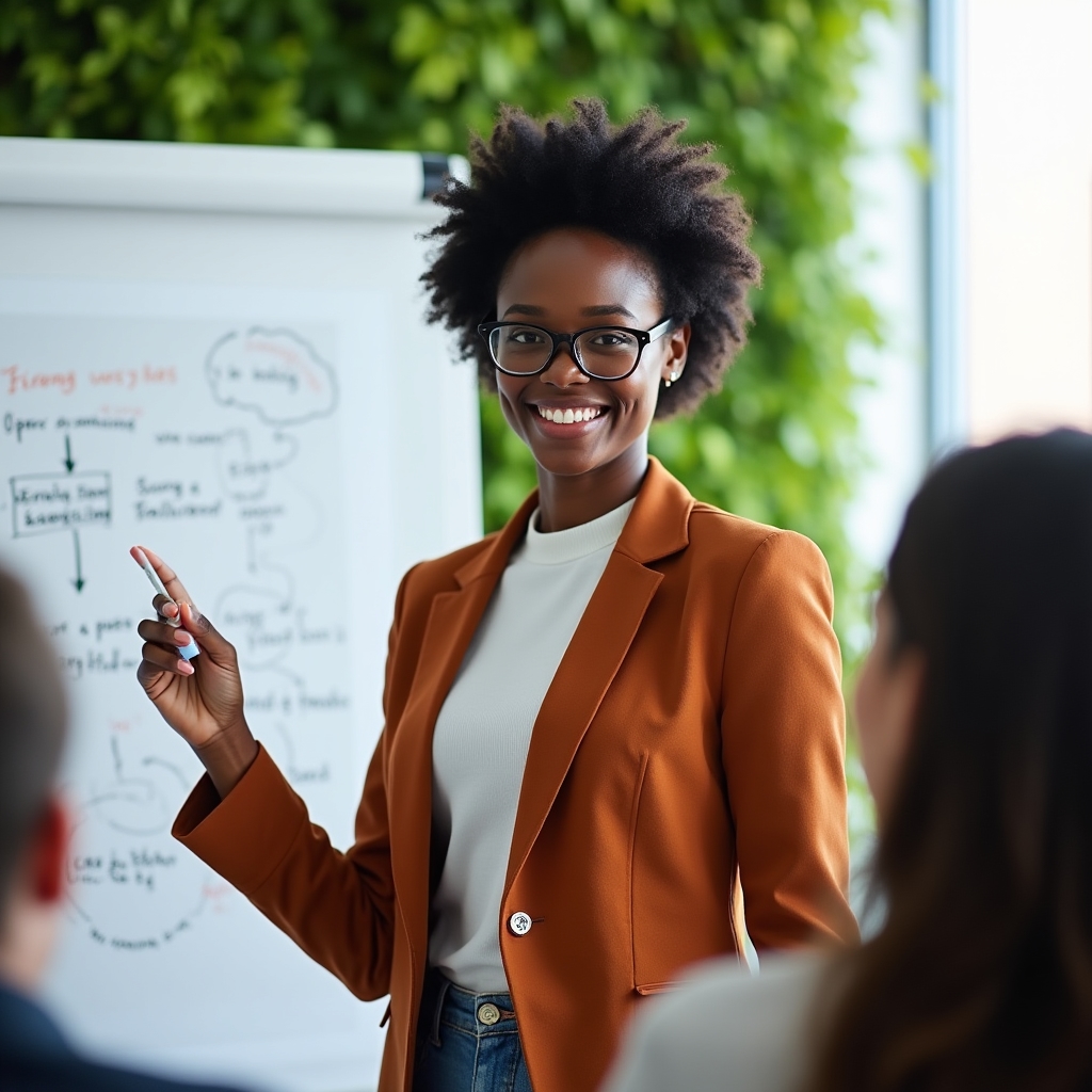 Trainer presenting at whiteboard in a bright room
