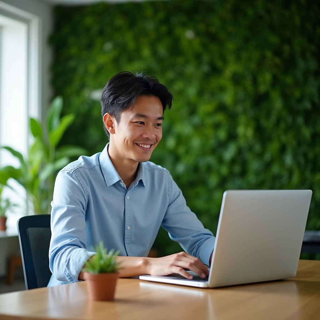 Young professional working on laptop in a bright modern office